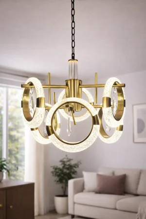 Lustră LED 210501/3+3 Auriu Lucios, 6 Inele Acrilice cu Cristale, 60W, Reglabilă 100 cm, 3 Tipuri de Lumină [2]