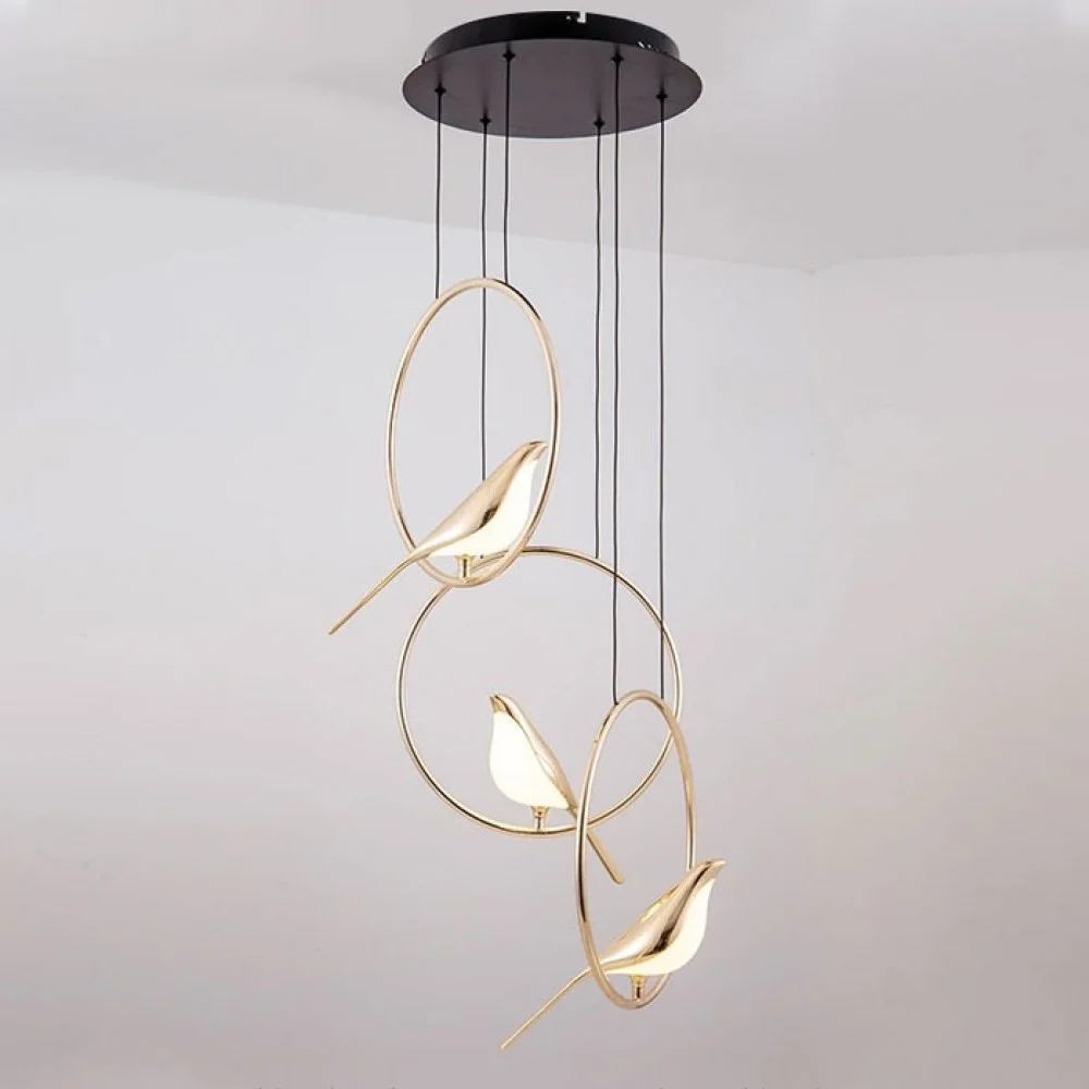 Lustră LED Suspendată 3002/3H Metal Auriu cu 3 Pendule și Păsări Decorative [3]