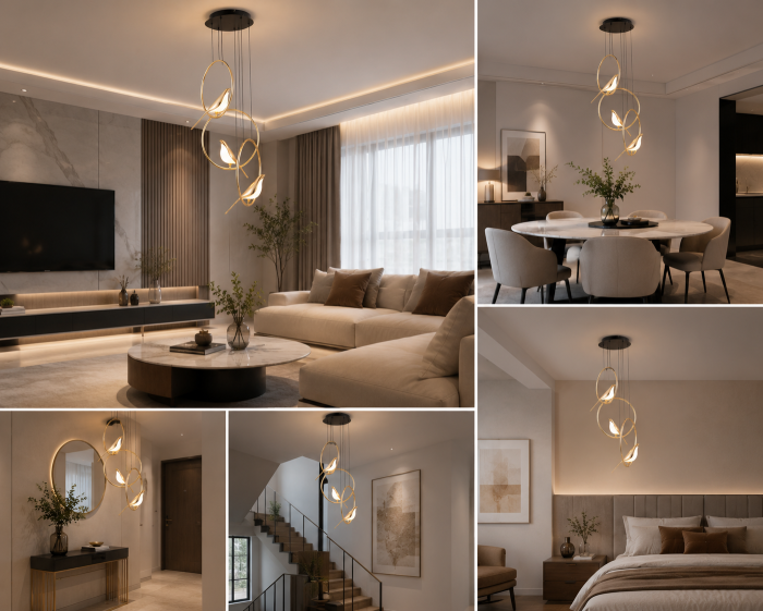 Lustră LED Suspendată 3002/3H Metal Auriu cu 3 Pendule și Păsări Decorative [2]