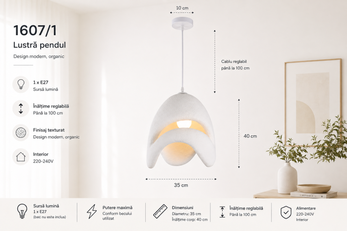 Lustră Pendul 1607/1 din Fibră de Sticlă Albă, Design Modern Asimetric [4]
