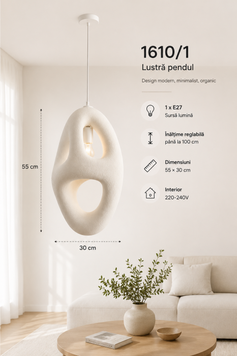 Lustră Pendul 1610/1 din Fibră de Sticlă Albă cu Design Oval Sculptural [4]
