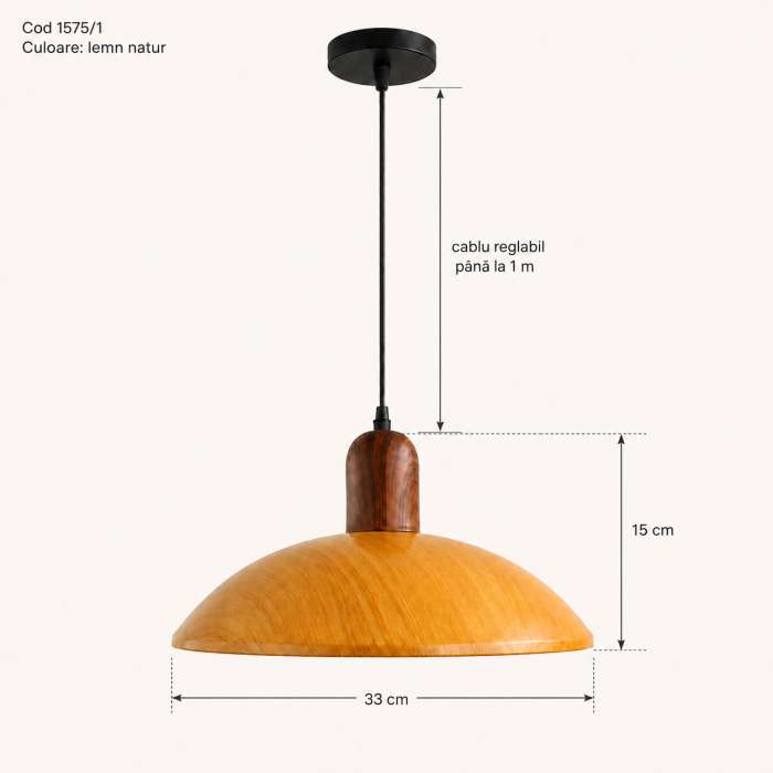 Lustră pendul metalică efect lemn, cupolă cu diametru 33 cm [3]