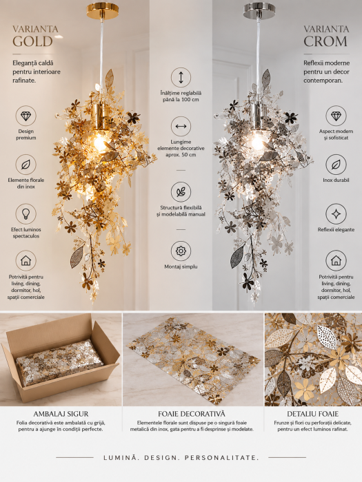 Lustră statement 2636/1 din inox crom sau gold cu decor floral modelabil [4]