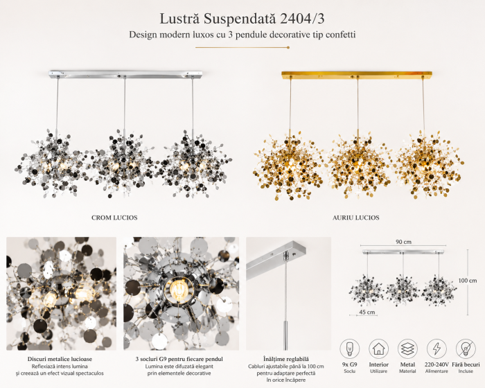 Lustră Suspendată 2404/3 cu 3 Pendule Decorative, Crom și Auriu, Ø45 cm [5]