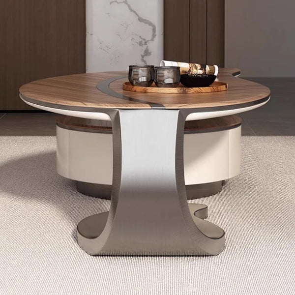 Masă de cafea model A003, set două piese, blat lemn maro-bej cu picior metalic argintiu [3]