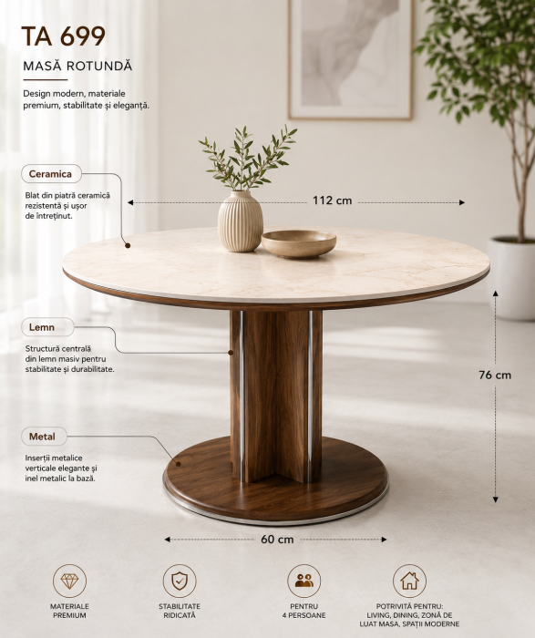 Masă Rotundă TA 699 din Piatră Ceramică Crem-Bej și Lemn Maro, Ø112 cm [3]