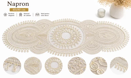 Napron masă 2207 decor brodat premium auriu argintiu 40x90 cm elegant [2]