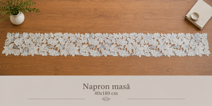 Napron masă LP 87 gri cu frunze decupate și paiete argintii 40x180cm decor elegant [2]