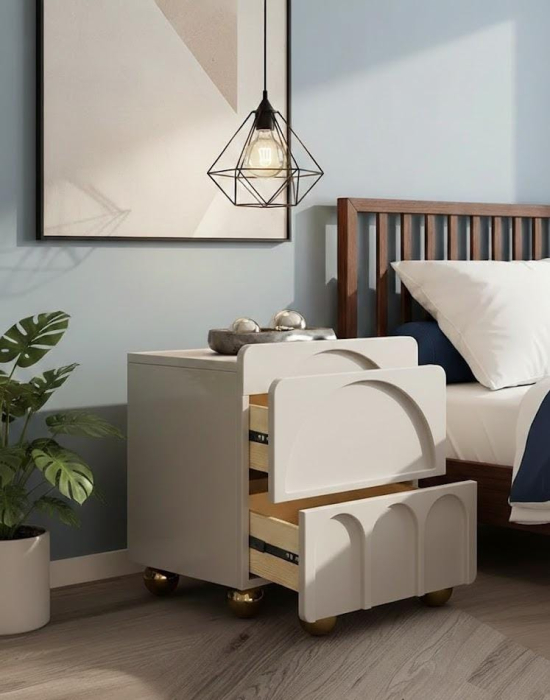 Noptieră MGG 483552 MDF alb mat, design curbat cu sertare arcuite și picioare sferice aurii, 50 cm înălțime [2]