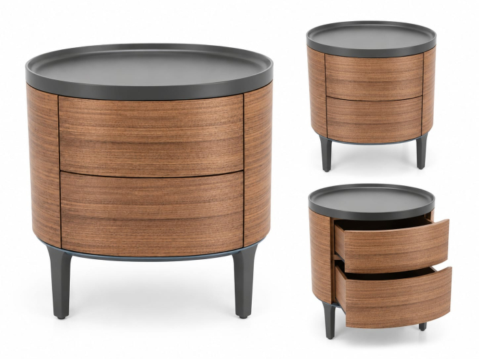 Noptieră Model 2055 din MDF finisaj nuc cu 2 sertare Push-to-Open, blat negru mat și design cilindric [2]