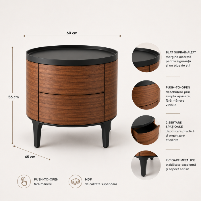 Noptieră Model 2055 din MDF finisaj nuc cu 2 sertare Push-to-Open, blat negru mat și design cilindric [3]