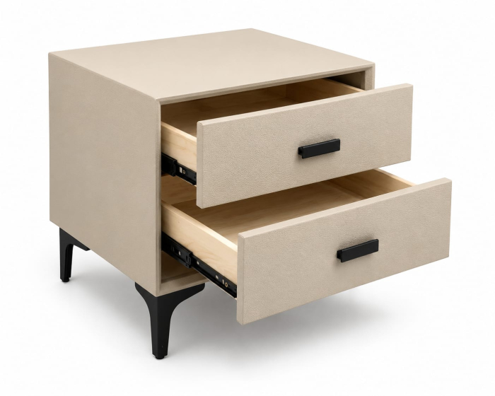 Noptieră Model 63 din MDF îmbrăcată în piele ecologică bej cu 2 sertare Soft Close și picioare metalice negre [3]