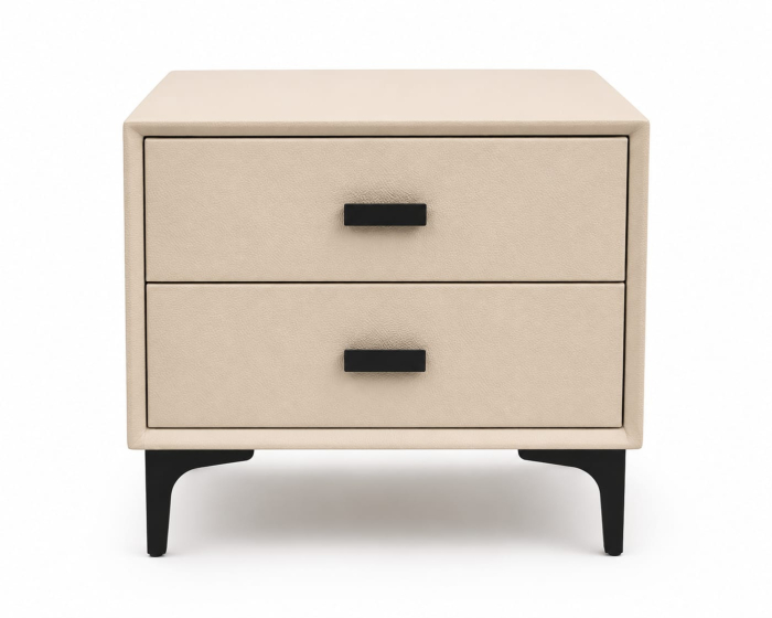 Noptieră Model 63 din MDF îmbrăcată în piele ecologică bej cu 2 sertare Soft Close și picioare metalice negre [2]