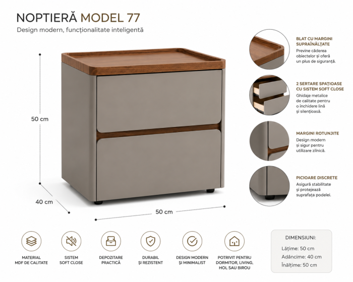 Noptieră Model 77 Gri Mat cu Blat Nuc și 2 Sertare Soft Close [4]