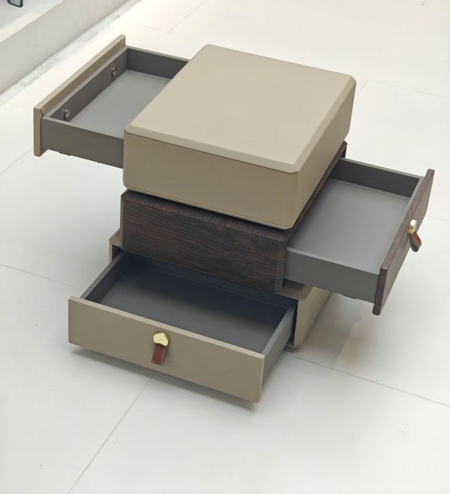 Noptieră rotativă 2608 din lemn masiv și piele ecologică bej/maro, dreptunghiulară, 50 cm [4]