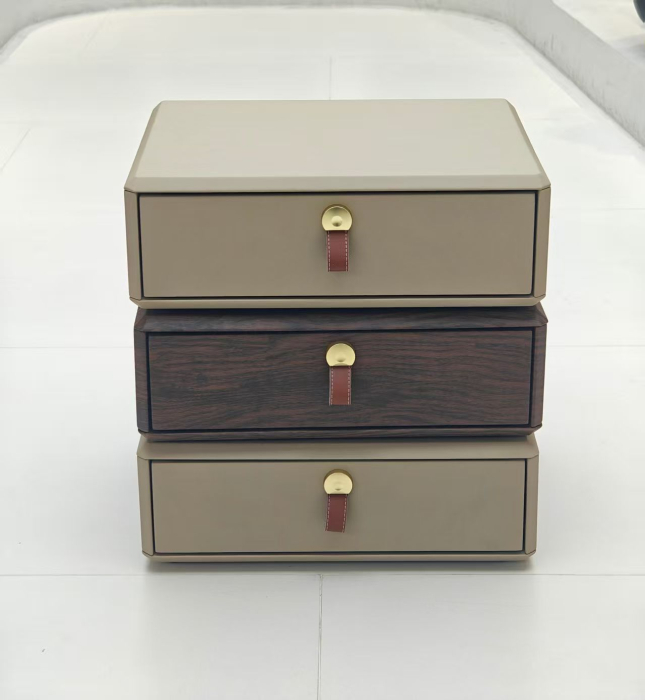 Noptieră rotativă 2608 din lemn masiv și piele ecologică bej/maro, dreptunghiulară, 50 cm [3]