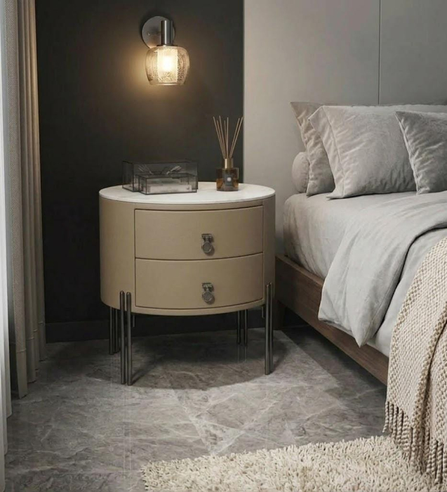 noptiera P325 rotunda piele ecologica bej blat piatra sinterizata alb diametru 50 cm [2]