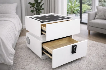 Noptieră smart dormitor 303 din MDF și piele ecologică, cu seif digital, încărcare wireless și iluminare LED – 46×41×51 cm [2]