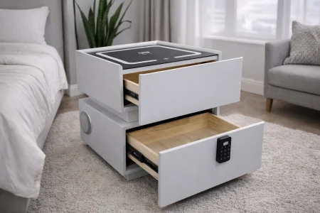 Noptieră smart dormitor 303 din MDF și piele ecologică, cu seif digital, încărcare wireless și iluminare LED – 46×41×51 cm [2]