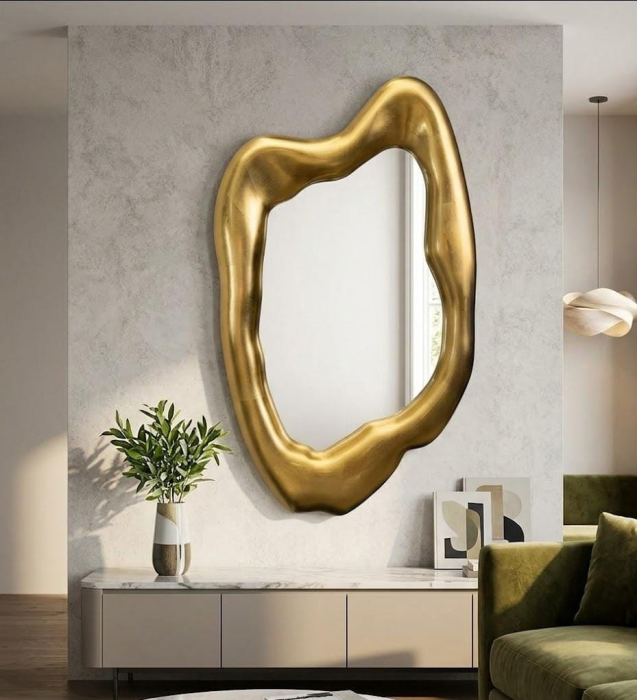 Oglindă decorativă asimetrică 60x90 cm, ramă aurie fluidă din poliuretan, montaj multiplu [2]