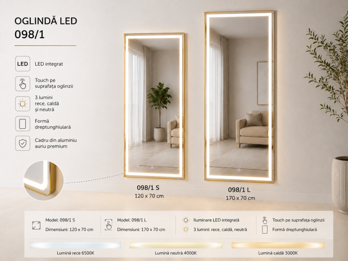 Oglindă LED 098/1 cu Ramă din Aluminiu Aurie și Iluminare LED Integrată – 120 × 70 cm / 170 × 70 cm [2]