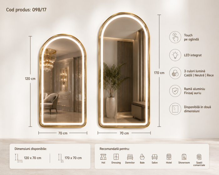 Oglindă LED 098/17 cu Ramă din Aluminiu Aurie, Touch, 120x70 cm și 170x70 cm [3]