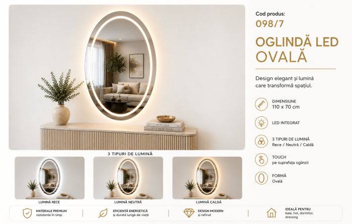 Oglindă LED Ovală 098/7 Fără Ramă 110x70 cm Touch 3 Culori [2]