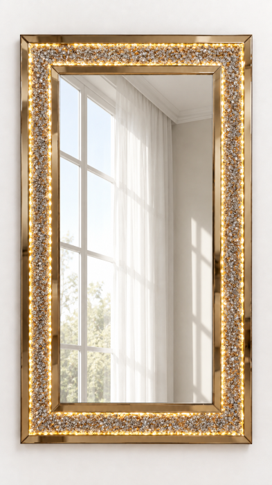 Oglindă de perete AF 199, 140×80 cm, LED și ștrasuri, auriu/argintiu [2]