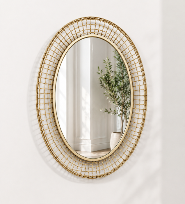 Oglindă ovală de perete 95315 – ramă metalică aurie cu efect plasă, stil glamour, 92x67 cm [2]