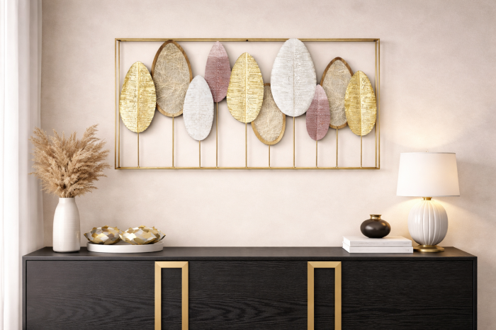 Panou decorativ perete 16020 metal multicolor, frunze abstracte în ramă aurie, 135 cm [1]