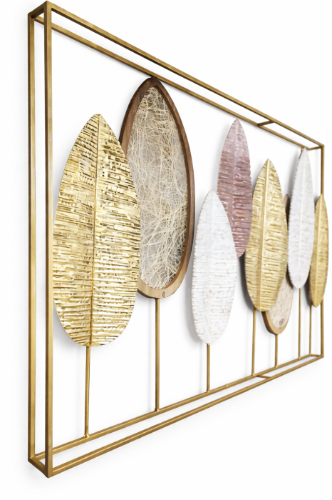 Panou decorativ perete 16020 metal multicolor, frunze abstracte în ramă aurie, 135 cm [3]