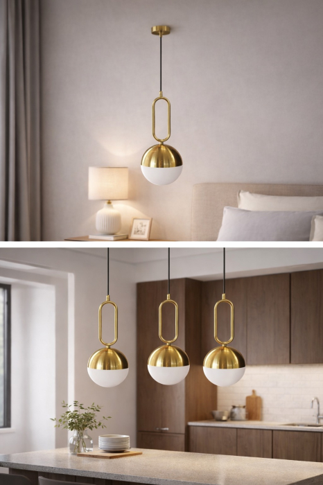 Pendul 1118/1CP aurie din alamă cu glob alb mat și inel oval – lumină și rafinament modern [3]