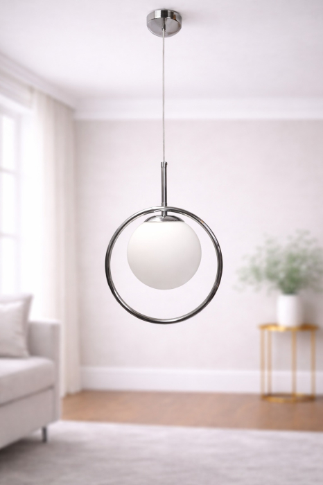 Pendul 1122/1 Elegant Metal/Sticlă, Abajur Alb Mat sau Amber, Formă Rotundă, 105 cm [2]