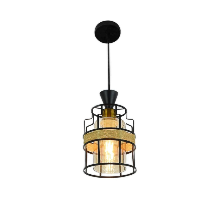 Pendul 3049/1 rustic din metal negru și sticlă aurie cu sfoară decorativă, cablu reglabil, 1 bec E27 [1]