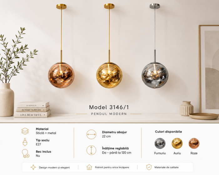 Pendul 3146/1 din Sticlă, E27, Ø22 cm, Înălțime Reglabilă, 3 Culori [3]
