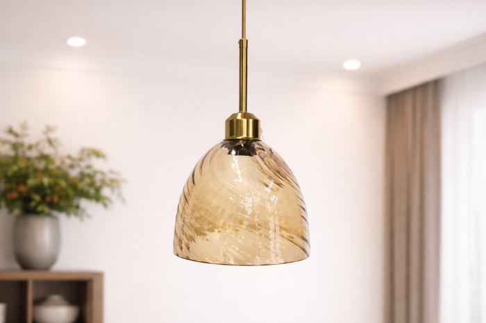 Pendul 7120/1D sticlă amber nervurată și metal, lampă suspendată modernă Ø20 cm [3]