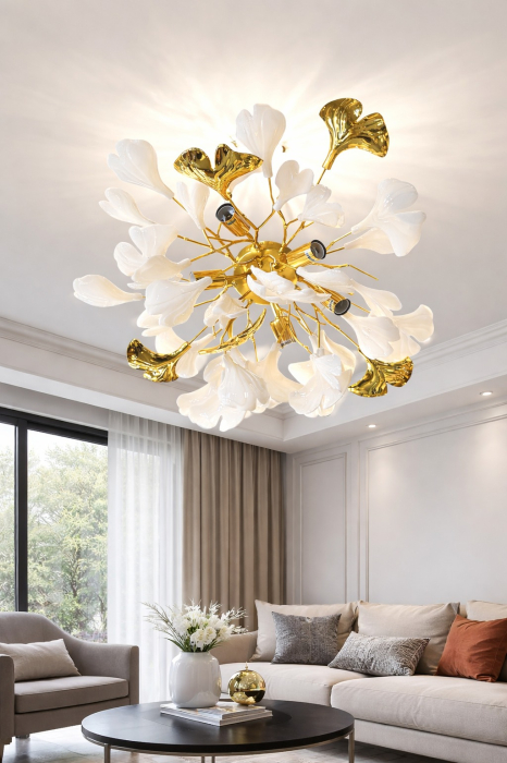 Plafonieră decorativă 9080/D500, 6xE14, metal auriu cu frunze albe, Ø50 cm [2]