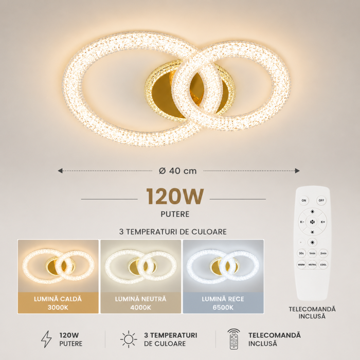 Plafonieră LED 3111-1+1 Aurie 120W cu Două Cercuri din Acril Cristalin și Telecomandă [3]