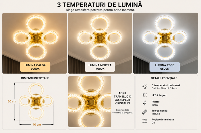 Plafonieră LED 3111-2+2 Aurie 160W cu 4 Cercuri din Acril Cristalin și Telecomandă [3]