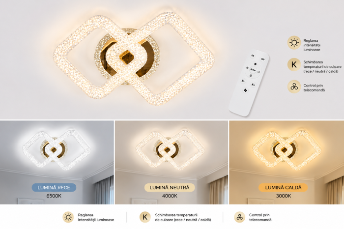 Plafonieră LED 3112-1+1 Aurie 120W cu Telecomandă Metal și Acril Design Pătrat [3]