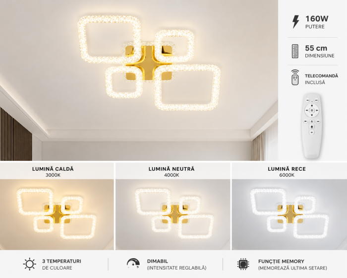 Plafonieră LED 3112/2+2 Metal Auriu 160W cu Telecomandă [3]
