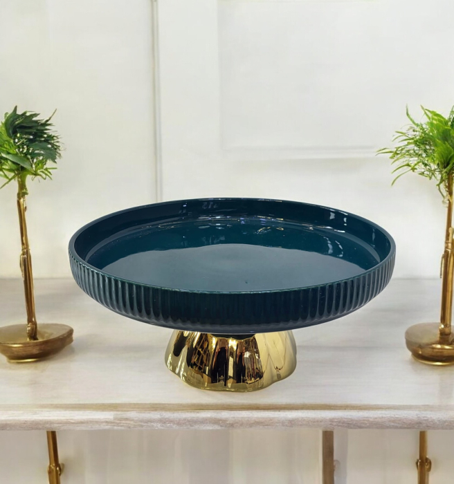 Platou ceramic verde închis cu picior auriu tip piedestal, 25 cm [2]