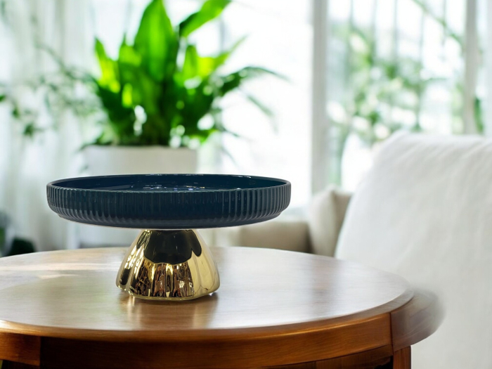 Platou ceramic verde închis cu picior auriu tip piedestal, 25 cm [1]