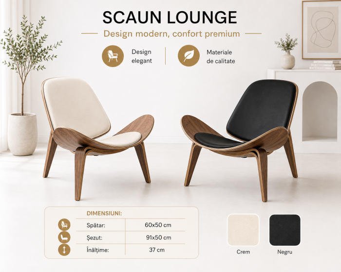 Scaun Tip Fotoliu CF19, Lemn și Piele Ecologică, Stil Scandinav – Alb/Negru [4]