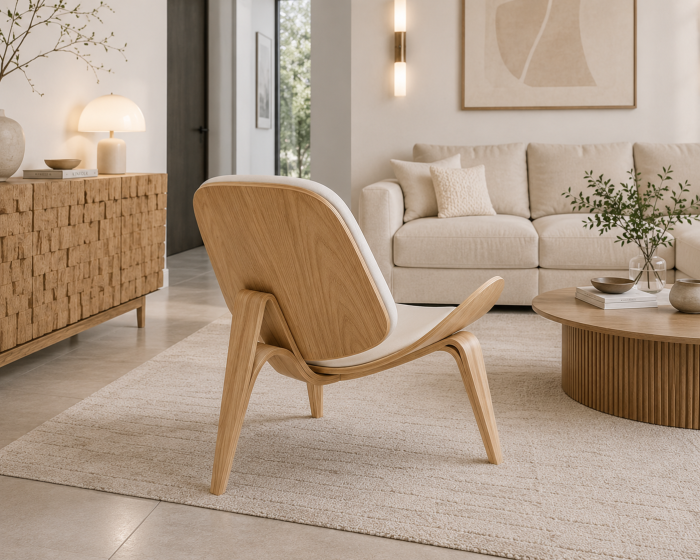 Scaun Tip Fotoliu CF19, Lemn și Piele Ecologică, Stil Scandinav – Alb/Negru [2]