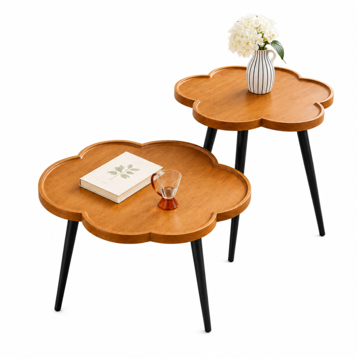 Set Măsuțe Cafea YM116 Design Floral Aspect Lemn Maro și Metal Negru [2]