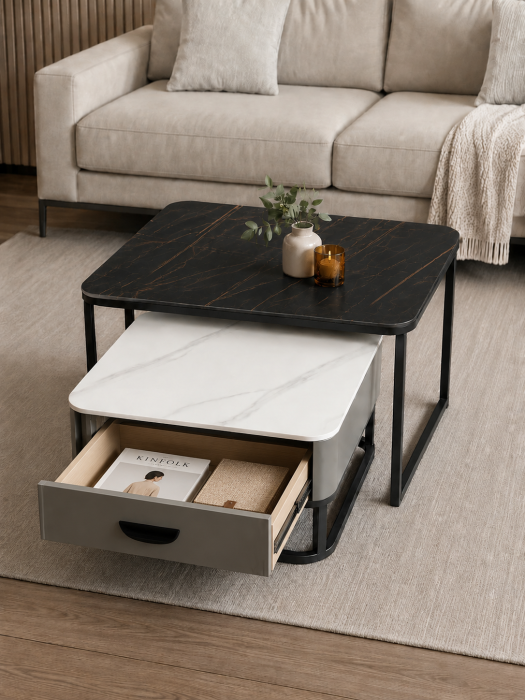Set măsuțe cafea 2507, design modern marmură alb-negru, cadru metalic, 80x82 cm [2]