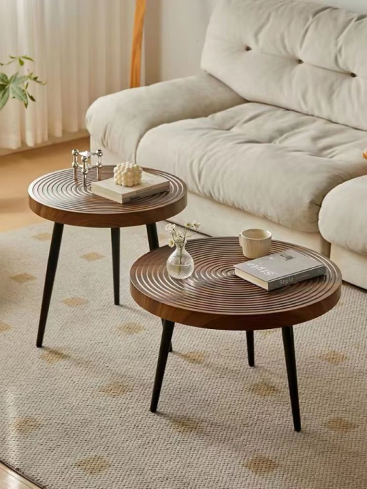 Set măsuțe YM093 – design rotund, lemn maro cu model & picioare metalice negre [1]