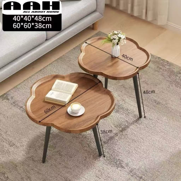 Set măsuțe YM116 – metal negru & lemn maro, formă floare, 60×60 cm [1]