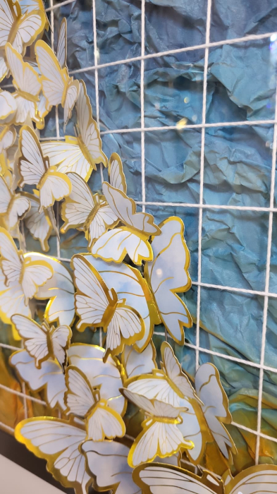 Tablou Decorativ 3D Fluturi 25203, Hârtie Texturată Albastru, Elemente 3D, Ramă Aurie 6 cm [2]